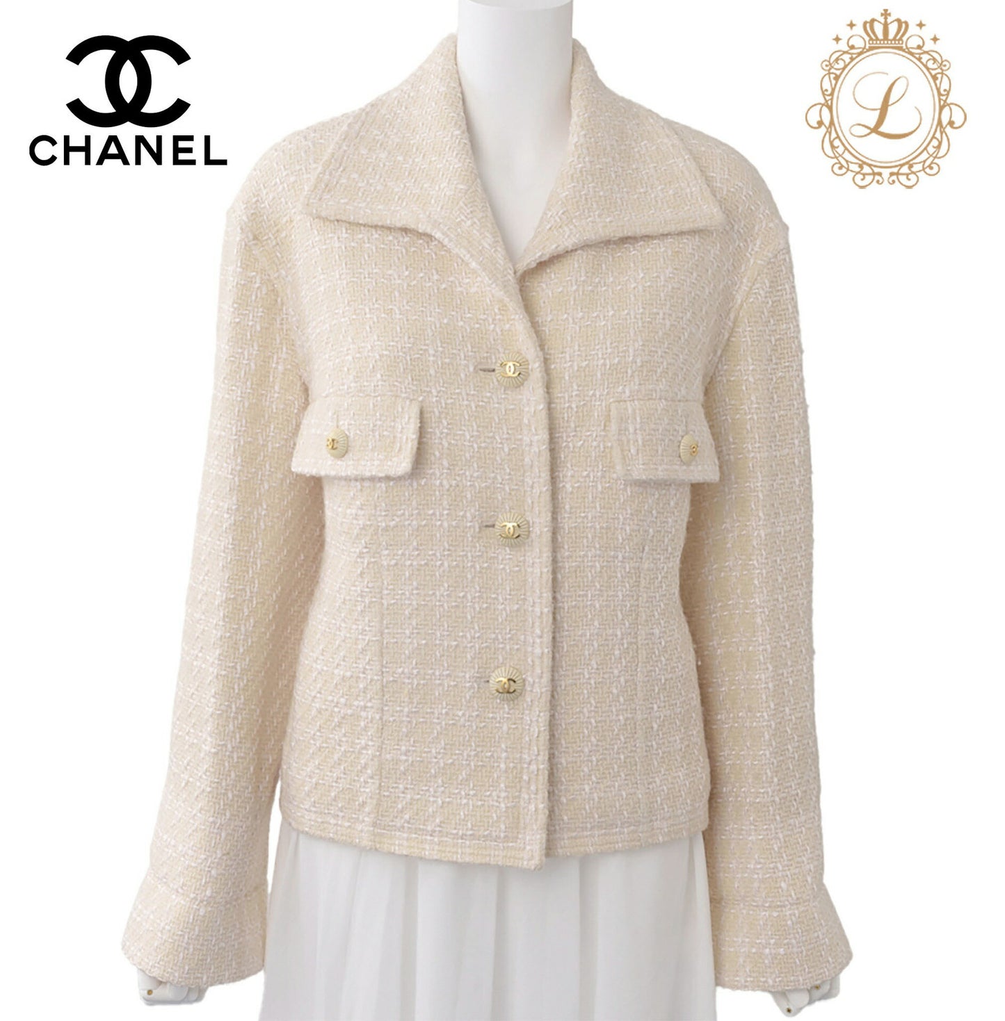 CHANEL Jacket Coat, Coco Button, Tweed, Beige, Gold-Tone Hardware, Pre-Owned - Vintage La Charme