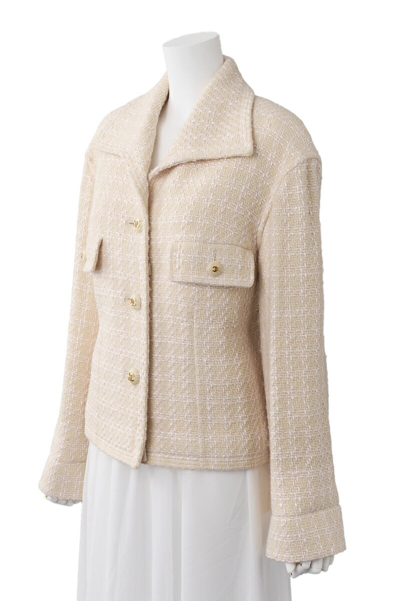CHANEL Jacket Coat, Coco Button, Tweed, Beige, Gold-Tone Hardware, Pre-Owned - Vintage La Charme