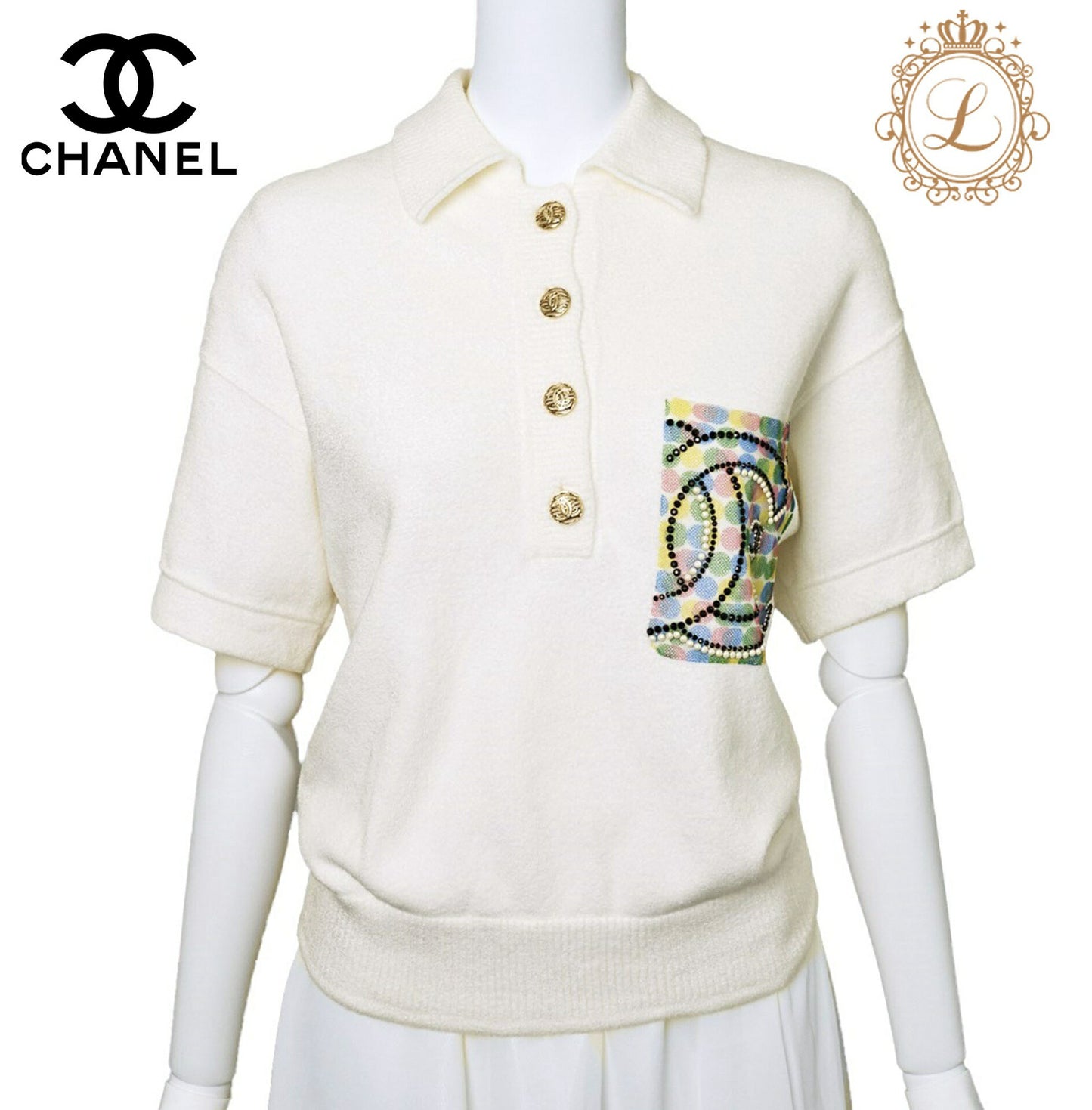 CHANEL Polo Shirt, Coco Mark, Pearl Coco Button, Cotton, White, Gold-Tone Hardware, Pre-Owned - Vintage La Charme