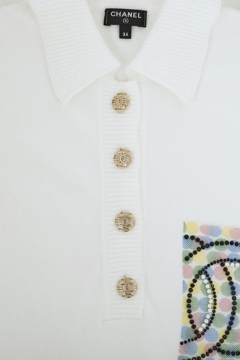 CHANEL Polo Shirt, Coco Mark, Pearl Coco Button, Cotton, White, Gold-Tone Hardware, Pre-Owned - Vintage La Charme