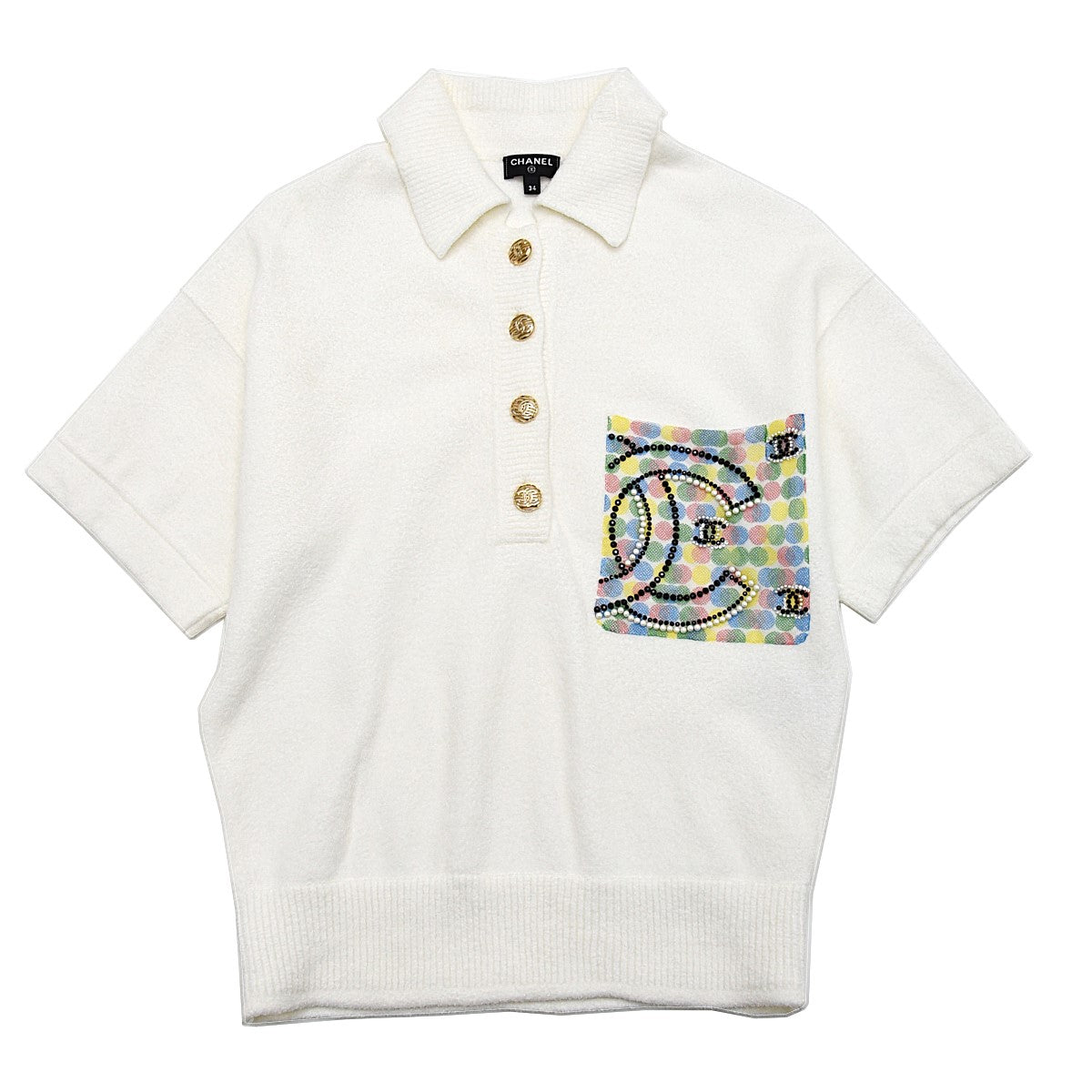 CHANEL Polo Shirt, Coco Mark, Pearl Coco Button, Cotton, White, Gold-Tone Hardware, Pre-Owned - Vintage La Charme