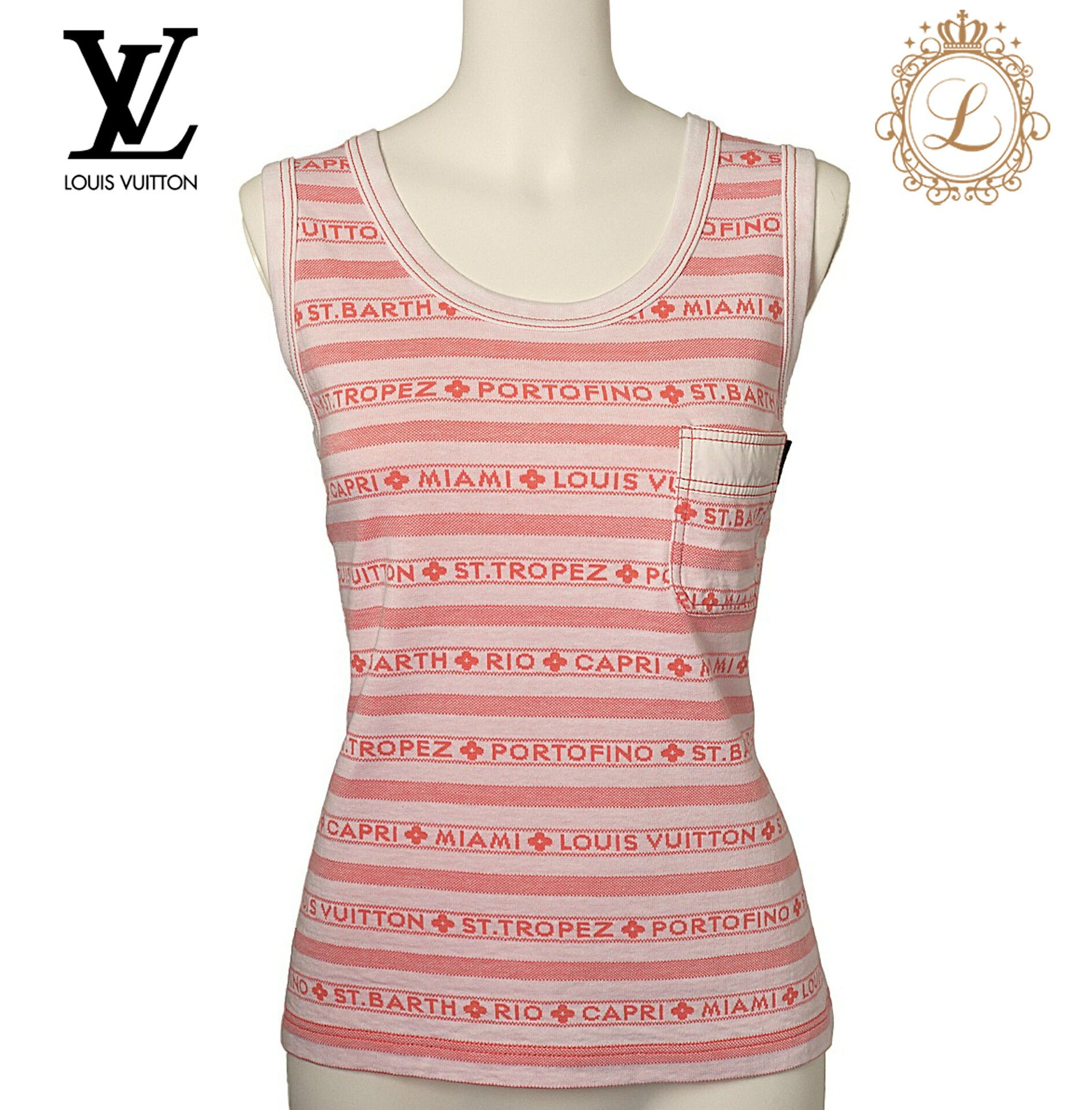 Louis Vuitton Tank Top, Logo Border, Cotton, Orange, Gold-Tone Hardware, Pre-Owned - Vintage La Charme