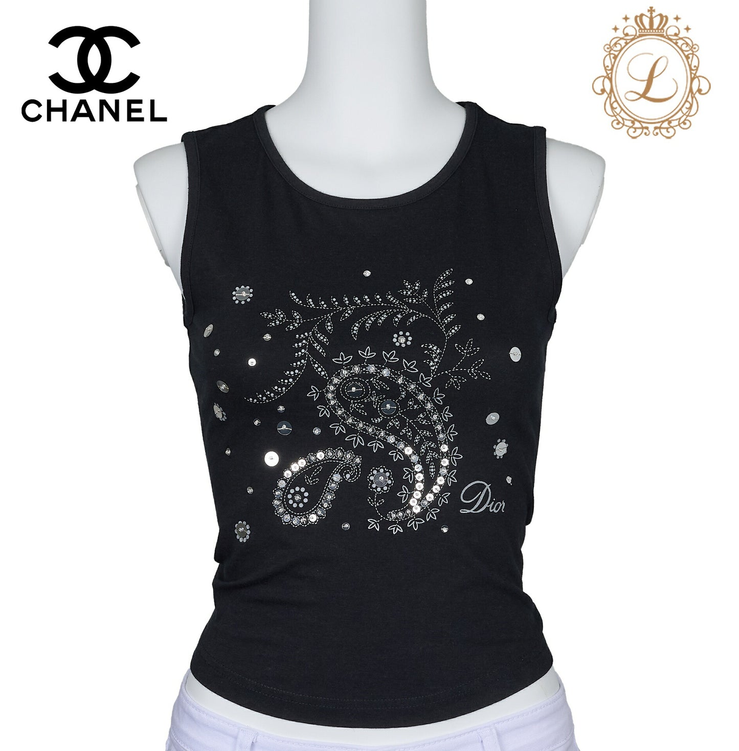 Dior Sleeveless Tank Top, Logo, Cotton, Black, Silver-Tone Hardware, Pre-Owned - Vintage La Charme