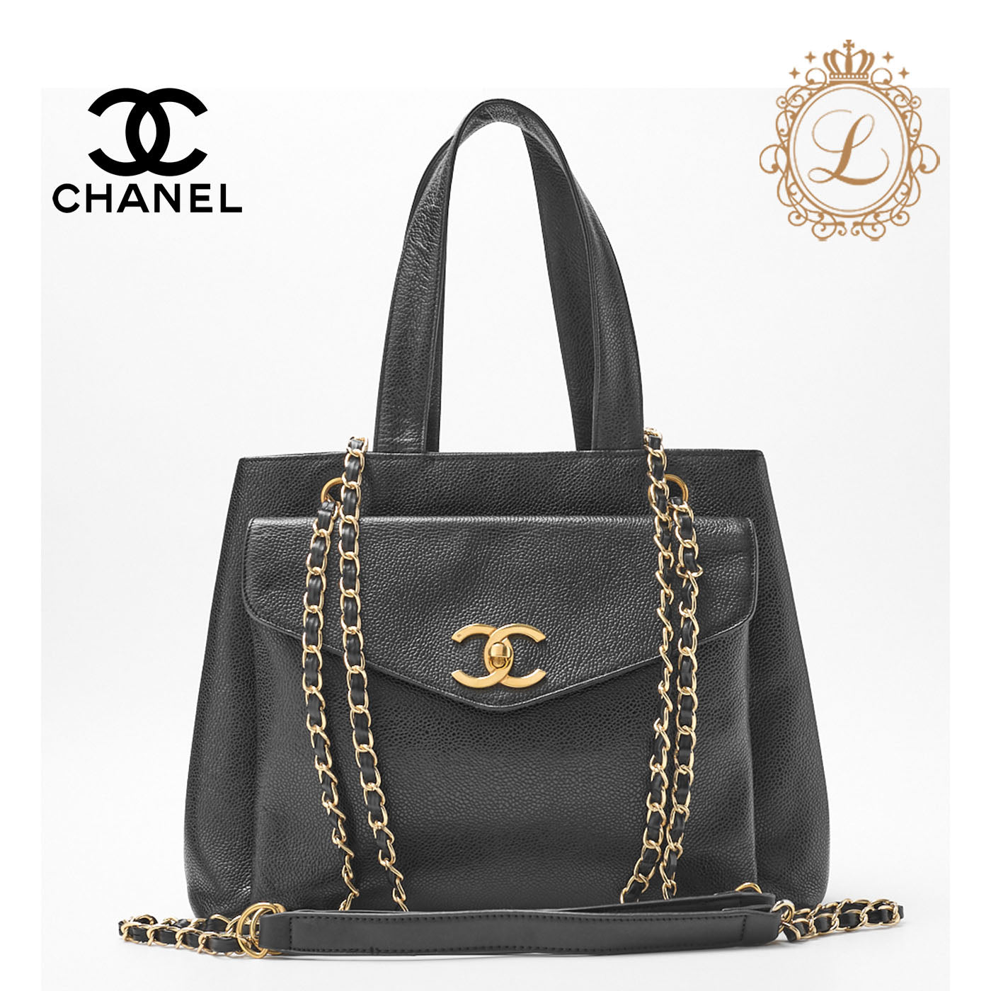 CHANEL Shoulder Bag 2WAY Outside Flap Turn Lock Caviar Skin Black Gold-Tone Hardware Pre-Owned - Vintage La Charme