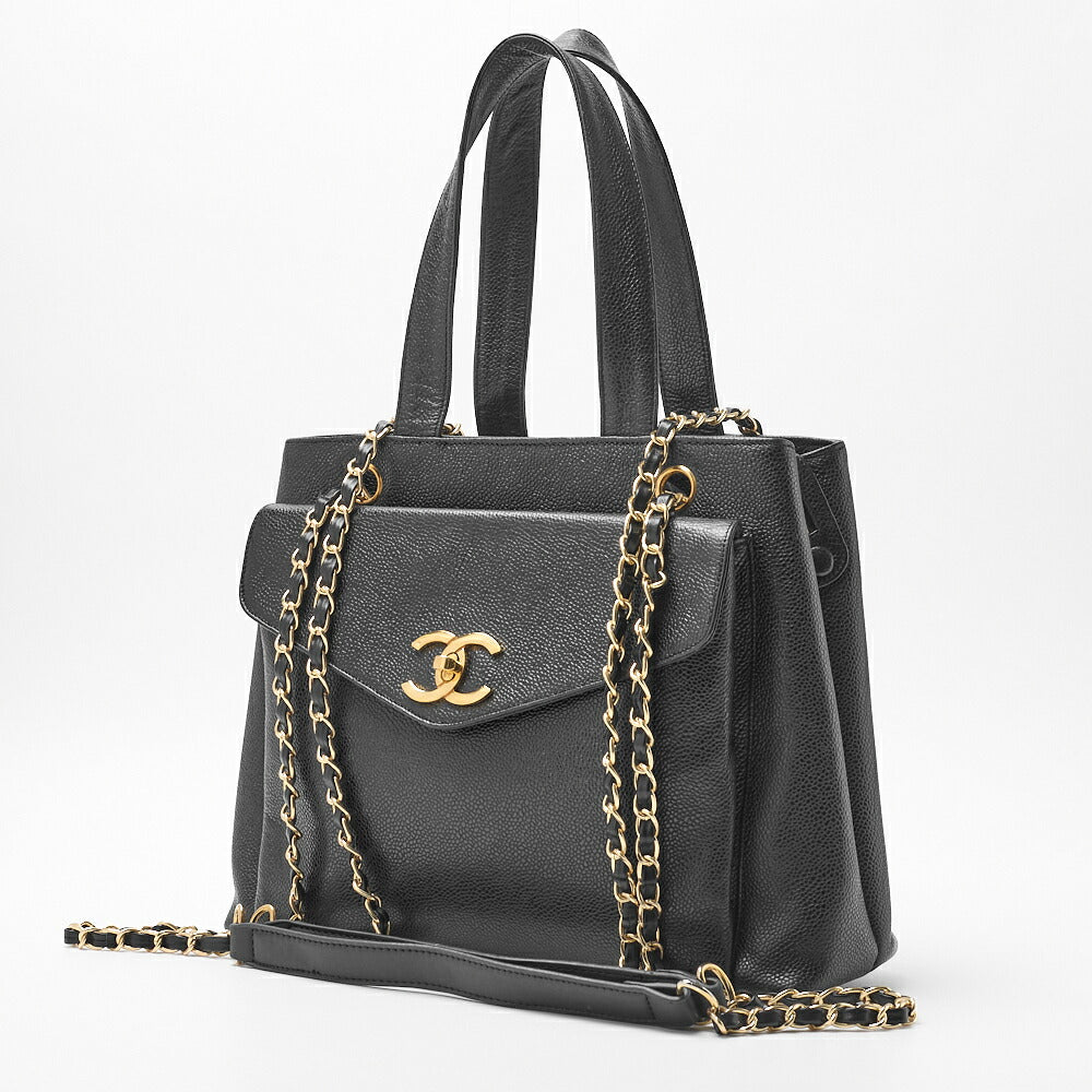 CHANEL Shoulder Bag 2WAY Outside Flap Turn Lock Caviar Skin Black Gold-Tone Hardware Pre-Owned - Vintage La Charme