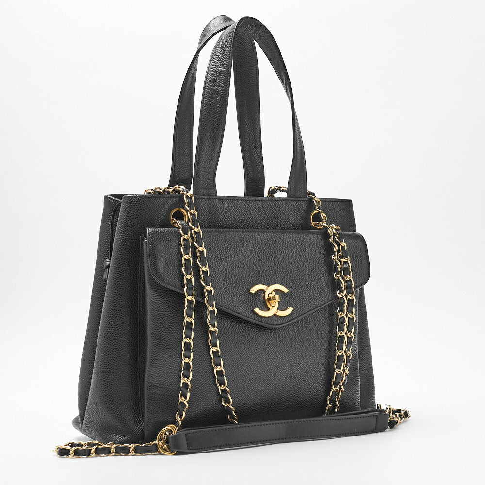 CHANEL Shoulder Bag 2WAY Outside Flap Turn Lock Caviar Skin Black Gold-Tone Hardware Pre-Owned - Vintage La Charme