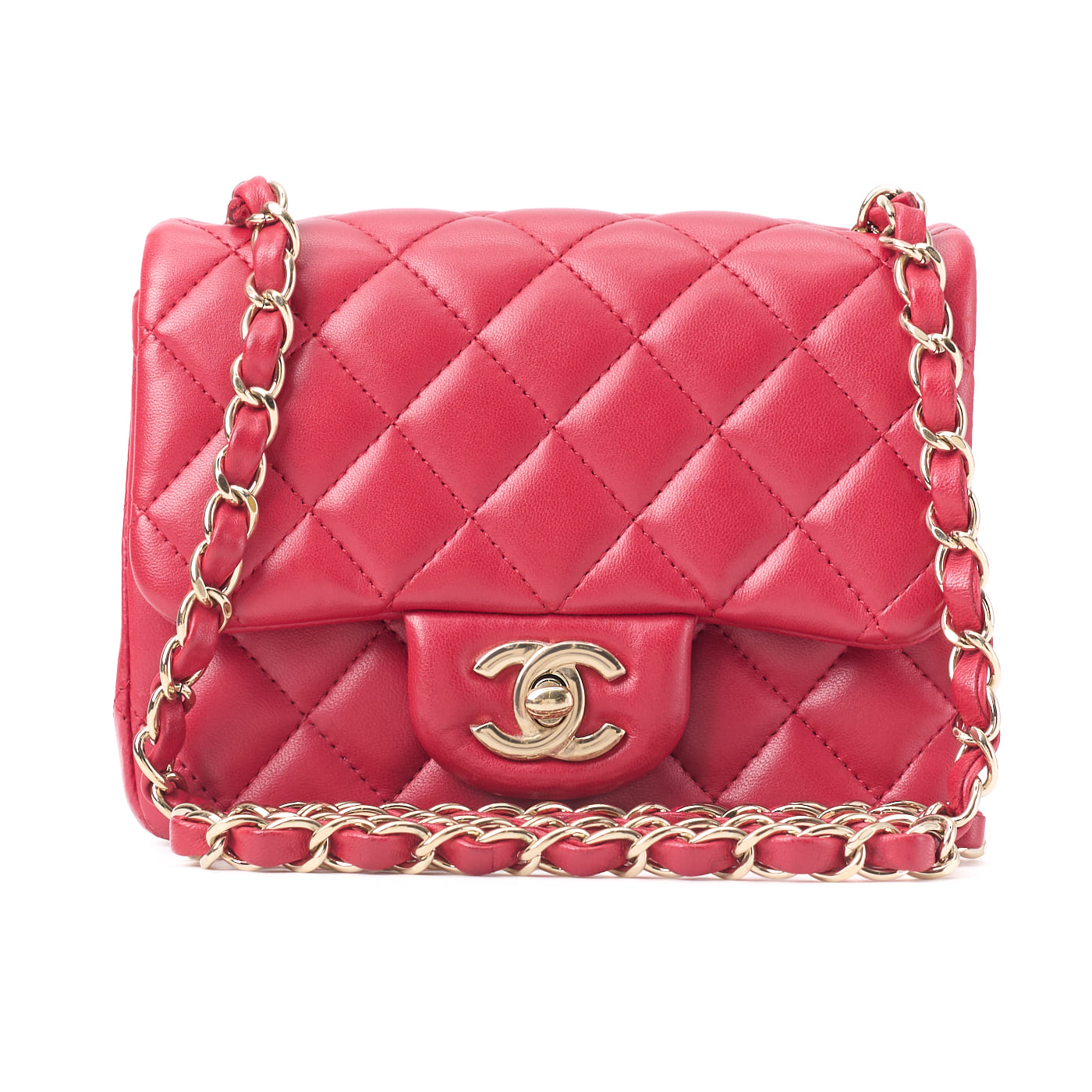 CHANEL Mini Shoulder Bag, Matelasse, Turn Lock, Lambskin, Red, Gold-Tone Hardware, Pre-Owned - Vintage La Charme