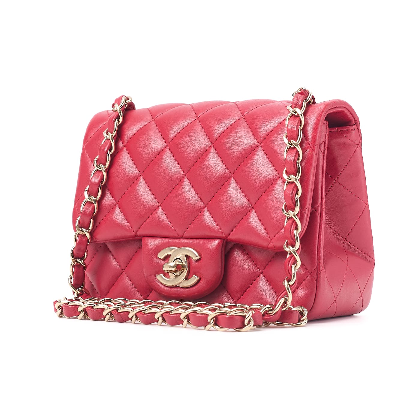 CHANEL Mini Shoulder Bag, Matelasse, Turn Lock, Lambskin, Red, Gold-Tone Hardware, Pre-Owned - Vintage La Charme