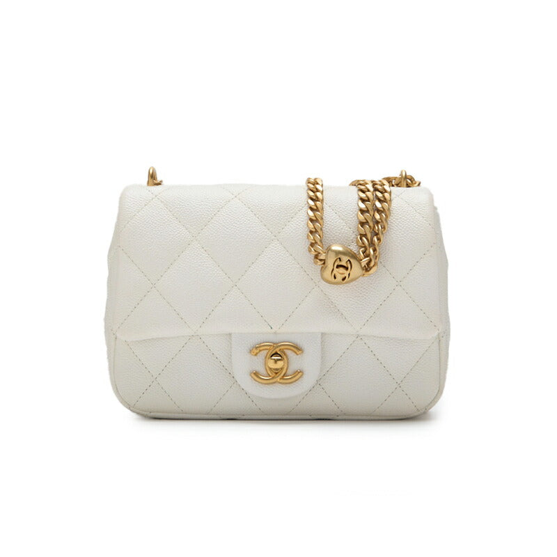 CHANEL Mini Shoulder Bag, Matelasse, Turn Lock, Caviar Skin, White, Gold-Tone Hardware, Pre-Owned - Vintage La Charme