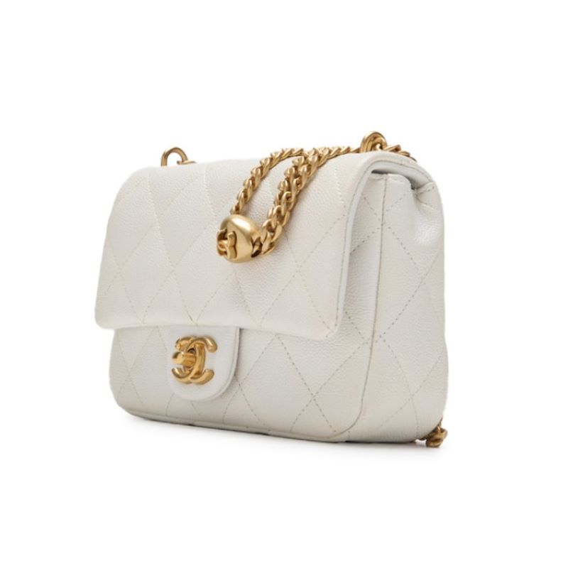 CHANEL Mini Shoulder Bag, Matelasse, Turn Lock, Caviar Skin, White, Gold-Tone Hardware, Pre-Owned - Vintage La Charme