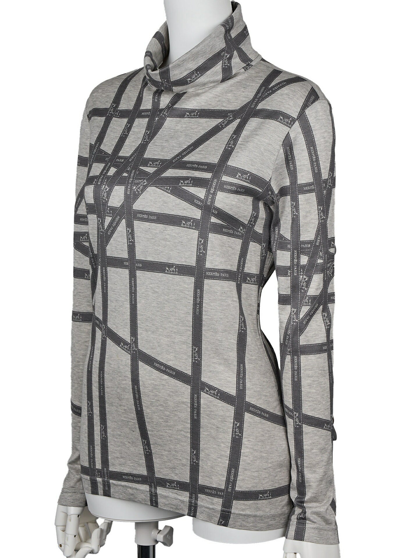 Hermes Turtleneck Long Sleeve Top, Logo Ribbon Design, Grey, Silver-Tone Hardware, Pre-Owned - Vintage La Charme