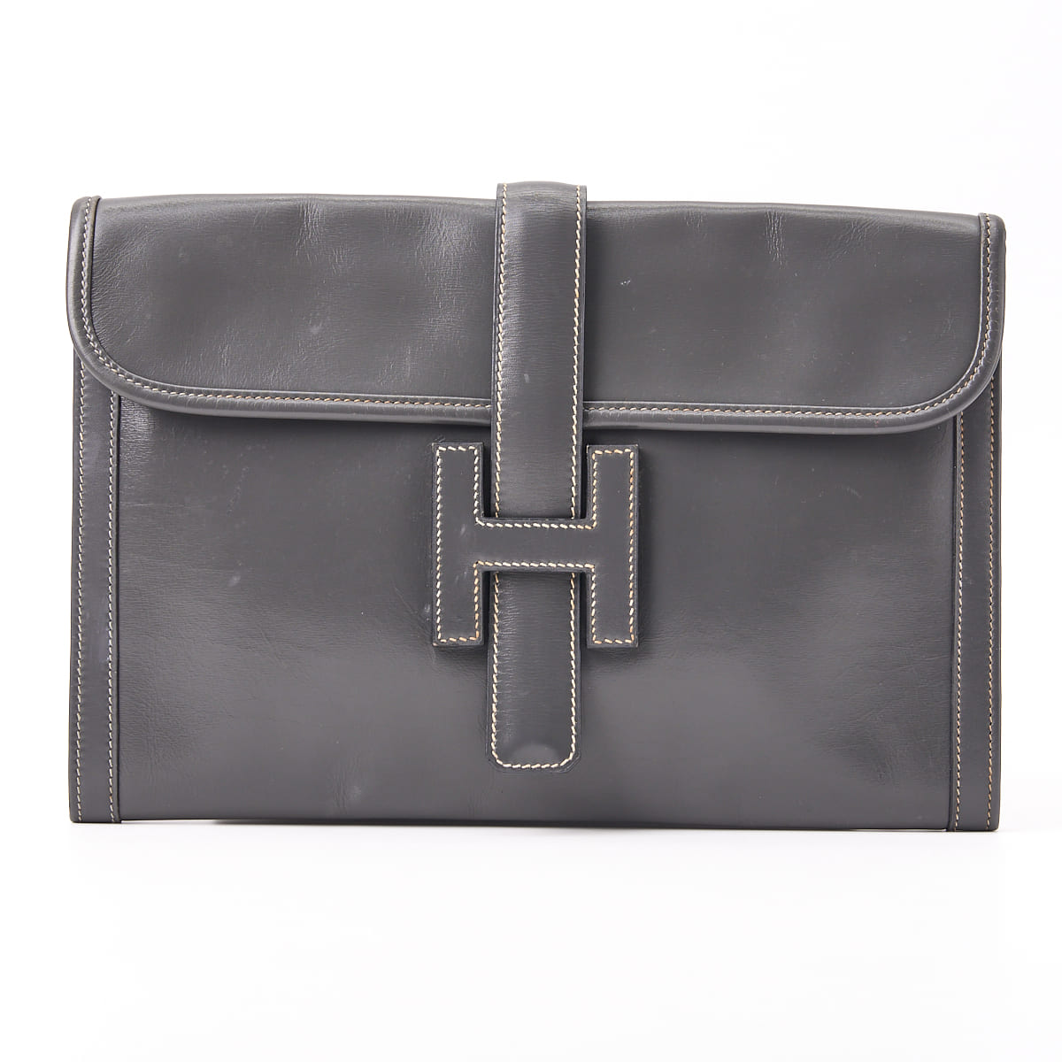 HERMES Jije PM Clutch Bag, Box Calf, Gray, Silver-Tone Hardware, Pre-Owned - Vintage La Charme