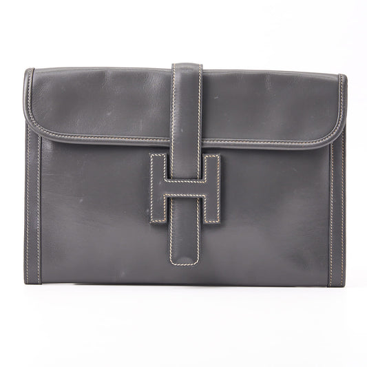 HERMES Jije PM Clutch Bag, Box Calf, Gray, Silver-Tone Hardware, Pre-Owned - Vintage La Charme