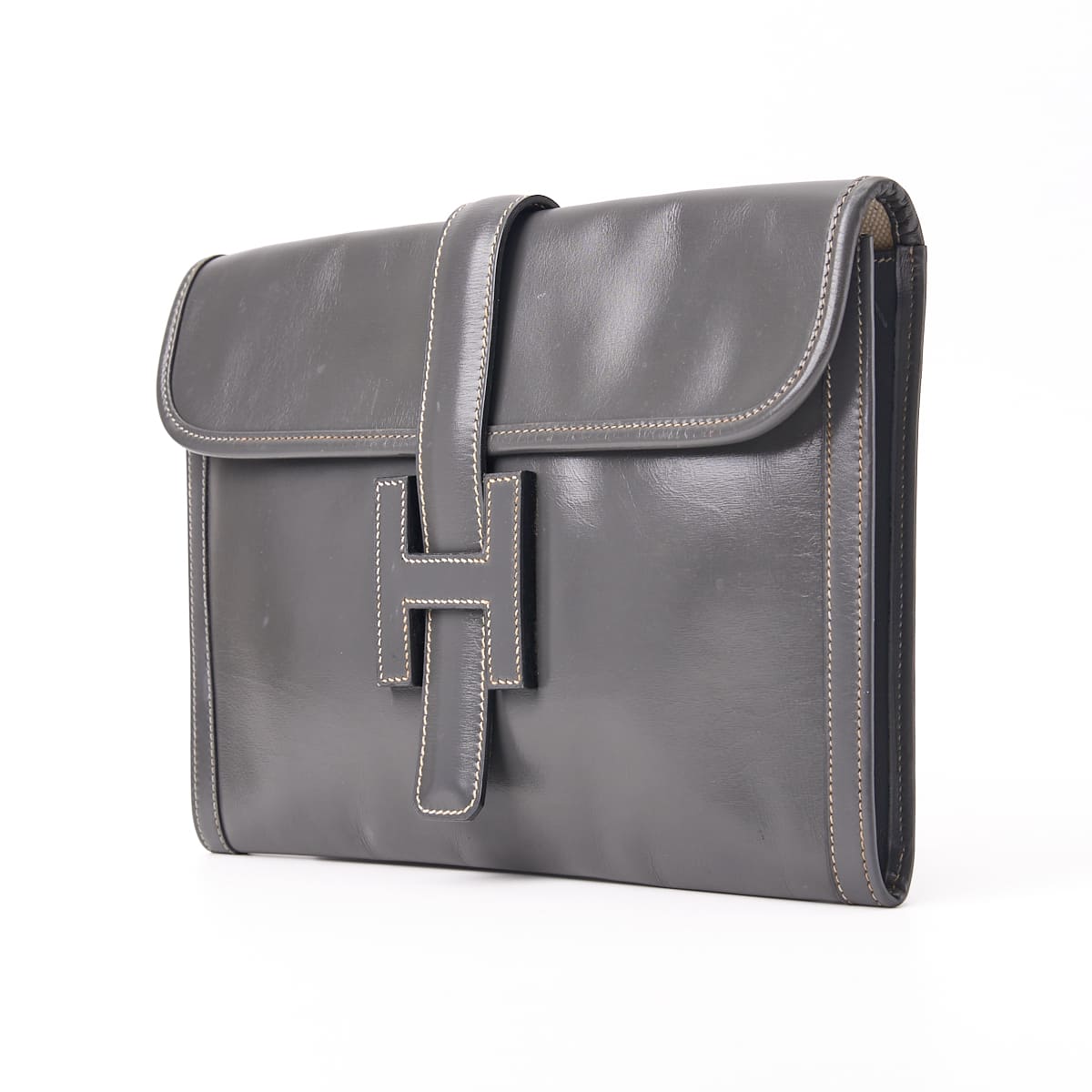 HERMES Jije PM Clutch Bag, Box Calf, Gray, Silver-Tone Hardware, Pre-Owned - Vintage La Charme