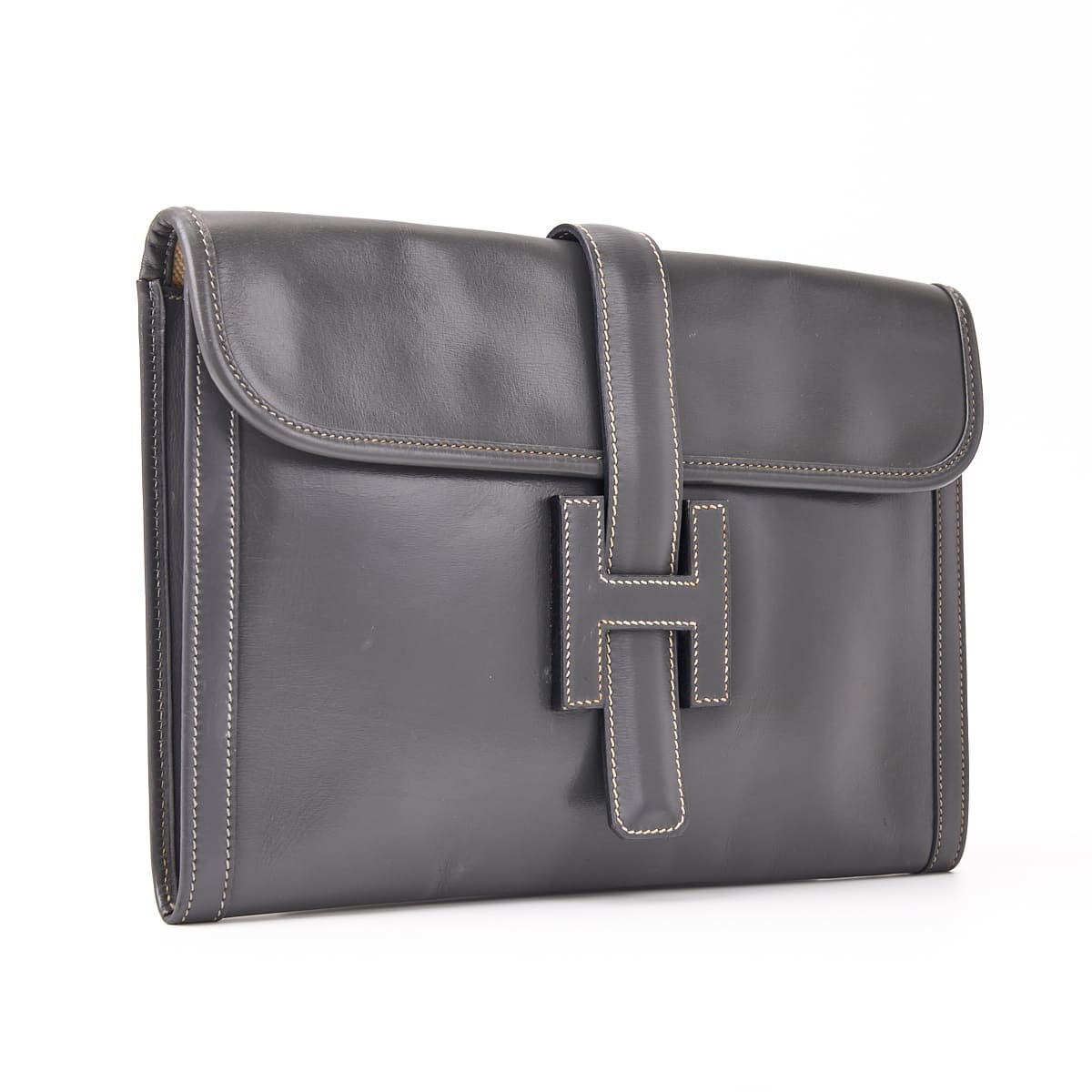 HERMES Jije PM Clutch Bag, Box Calf, Gray, Silver-Tone Hardware, Pre-Owned - Vintage La Charme