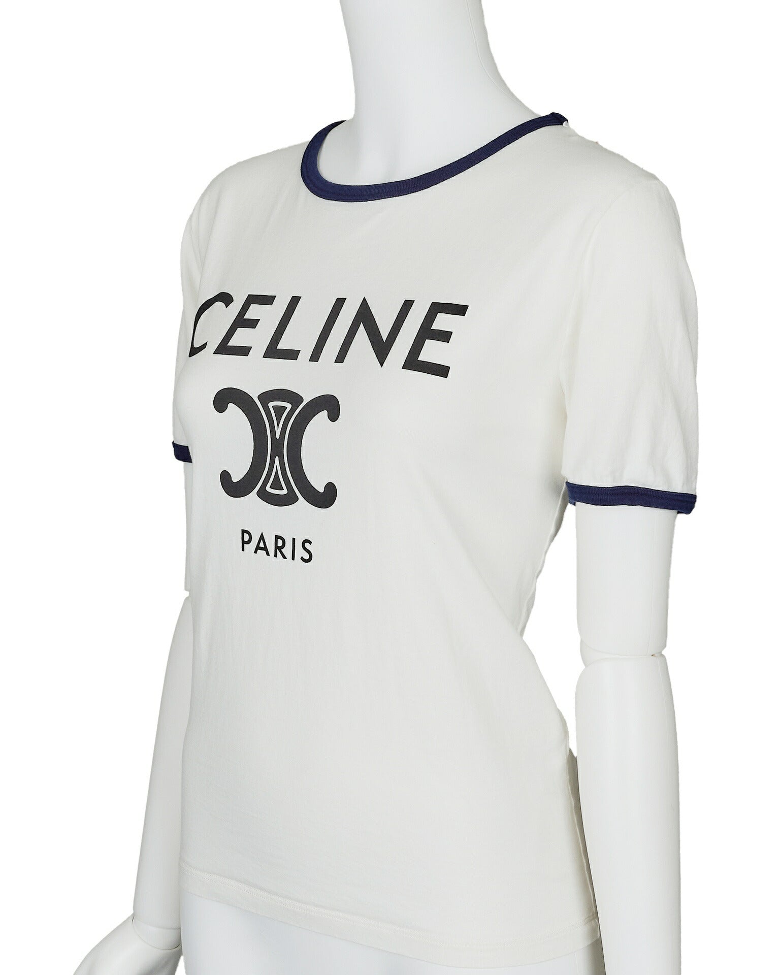 CELINE T-Shirt, Triomphe Logo, Cut and Sew, Cotton, White, Pre-Owned - Vintage La Charme
