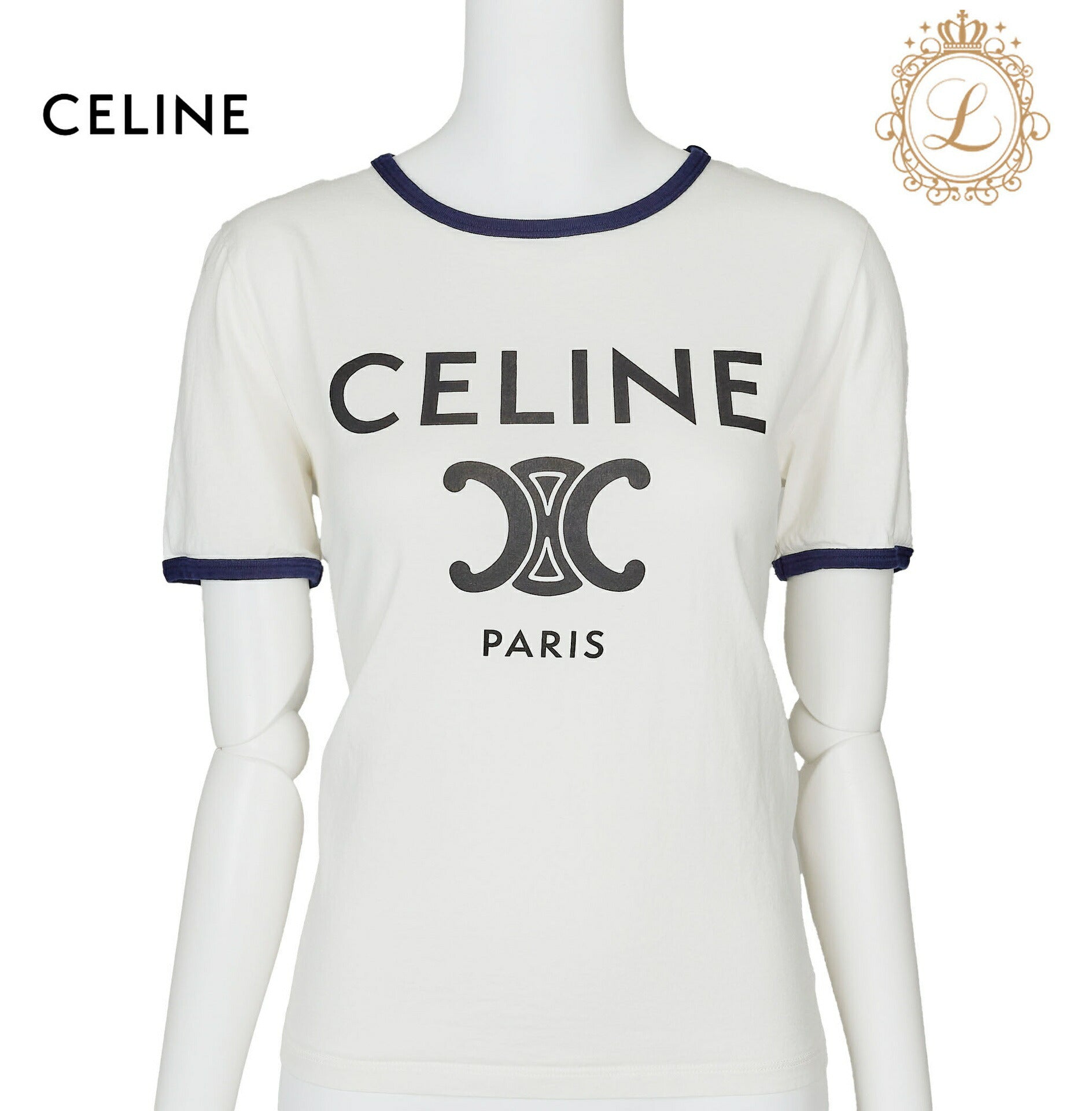 CELINE T-Shirt, Triomphe Logo, Cut and Sew, Cotton, White, Pre-Owned - Vintage La Charme