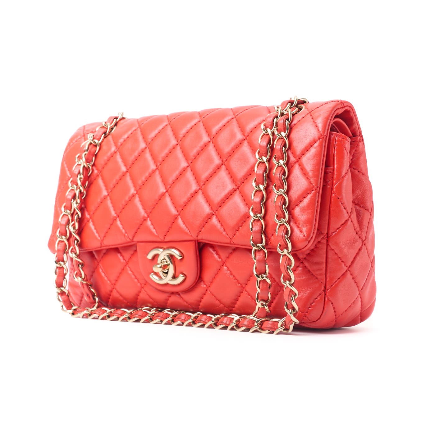 CHANEL Shoulder Bag Matelasse Turn Lock Double Flap Lambskin Red Gold-Tone Hardware Pre-Owned - Vintage La Charme