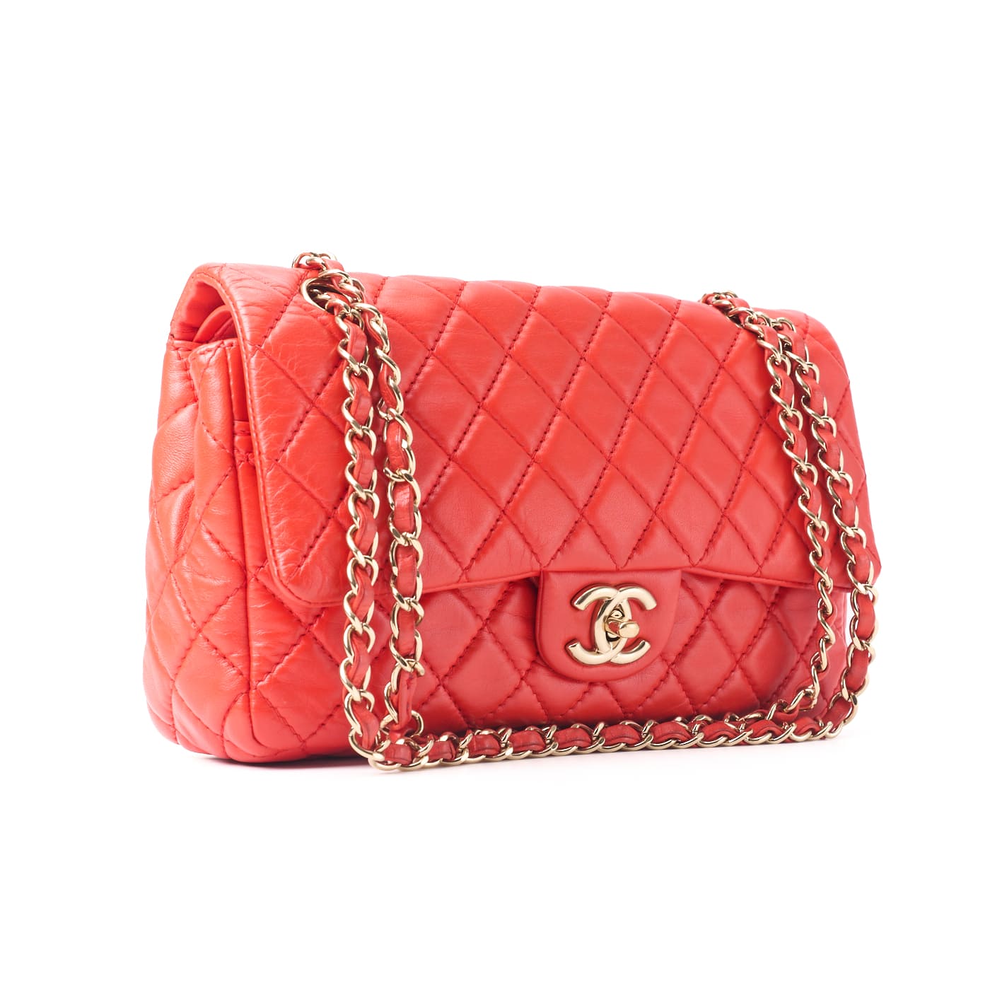 CHANEL Shoulder Bag Matelasse Turn Lock Double Flap Lambskin Red Gold-Tone Hardware Pre-Owned - Vintage La Charme