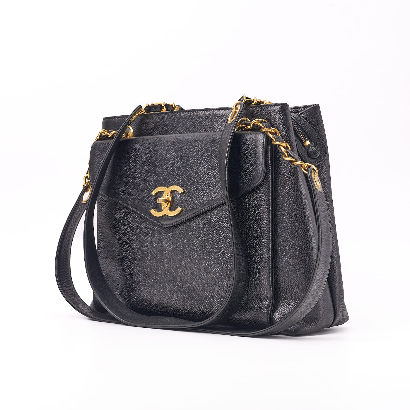 CHANEL Tote Bag, Outside Flap, Double Chain Shoulder, Caviar Skin, Black, Gold-Tone Hardware, Pre-Owned - Vintage La Charme