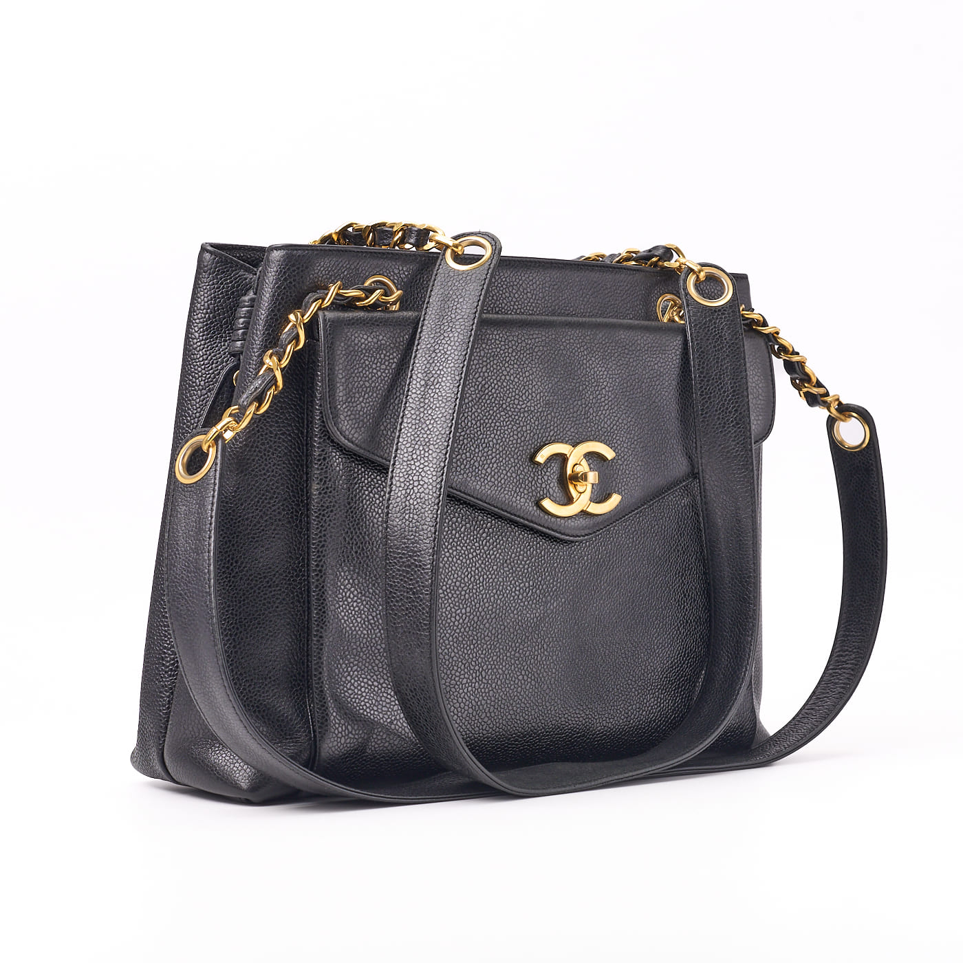 CHANEL Tote Bag, Outside Flap, Double Chain Shoulder, Caviar Skin, Black, Gold-Tone Hardware, Pre-Owned - Vintage La Charme