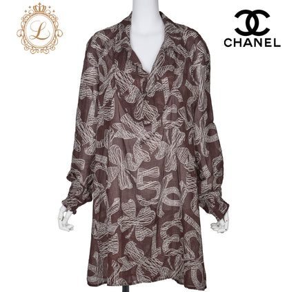 CHANEL Langarmbluse, Coco Mark Ribbon, 100 % Baumwolle, Braun, goldfarbene Metallteile, gebraucht