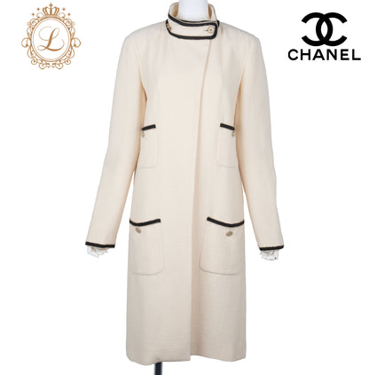 CHANEL Long Coat, Coco Button, Wool Nylon Silk Blend, Ivory, Gold-Tone Hardware, Pre-Owned - Vintage La Charme