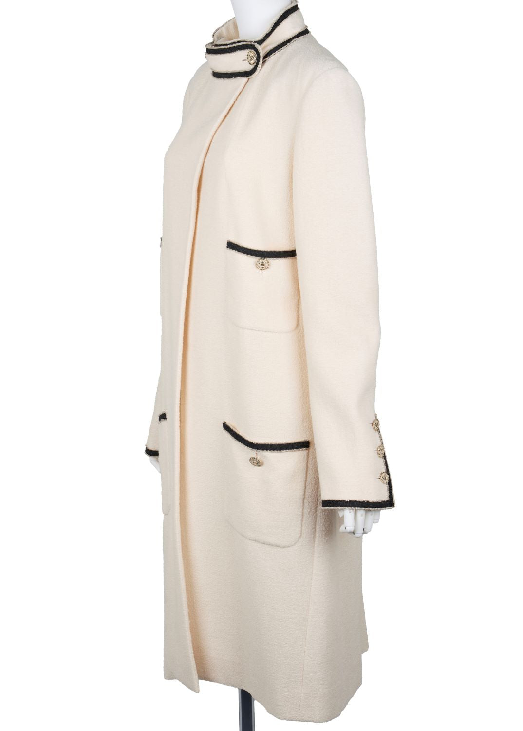 CHANEL Long Coat, Coco Button, Wool Nylon Silk Blend, Ivory, Gold-Tone Hardware, Pre-Owned - Vintage La Charme