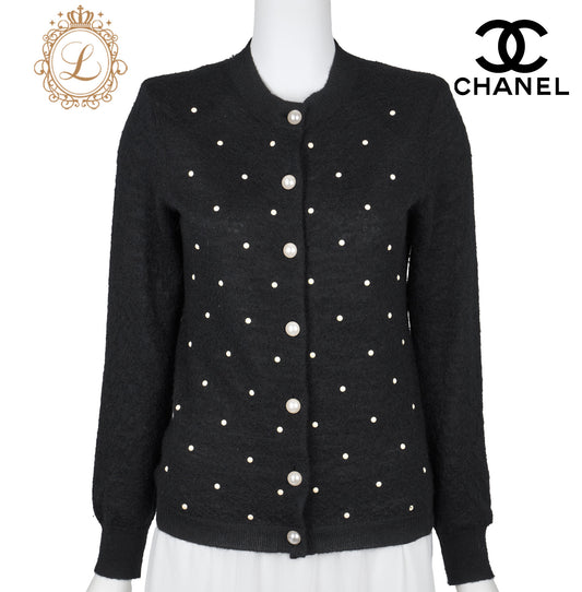 CHANEL Cardigan, Coco Button, Langarm, Mohair-Kaschmir-Mischung, Schwarz, goldfarbene Metallteile, gebraucht