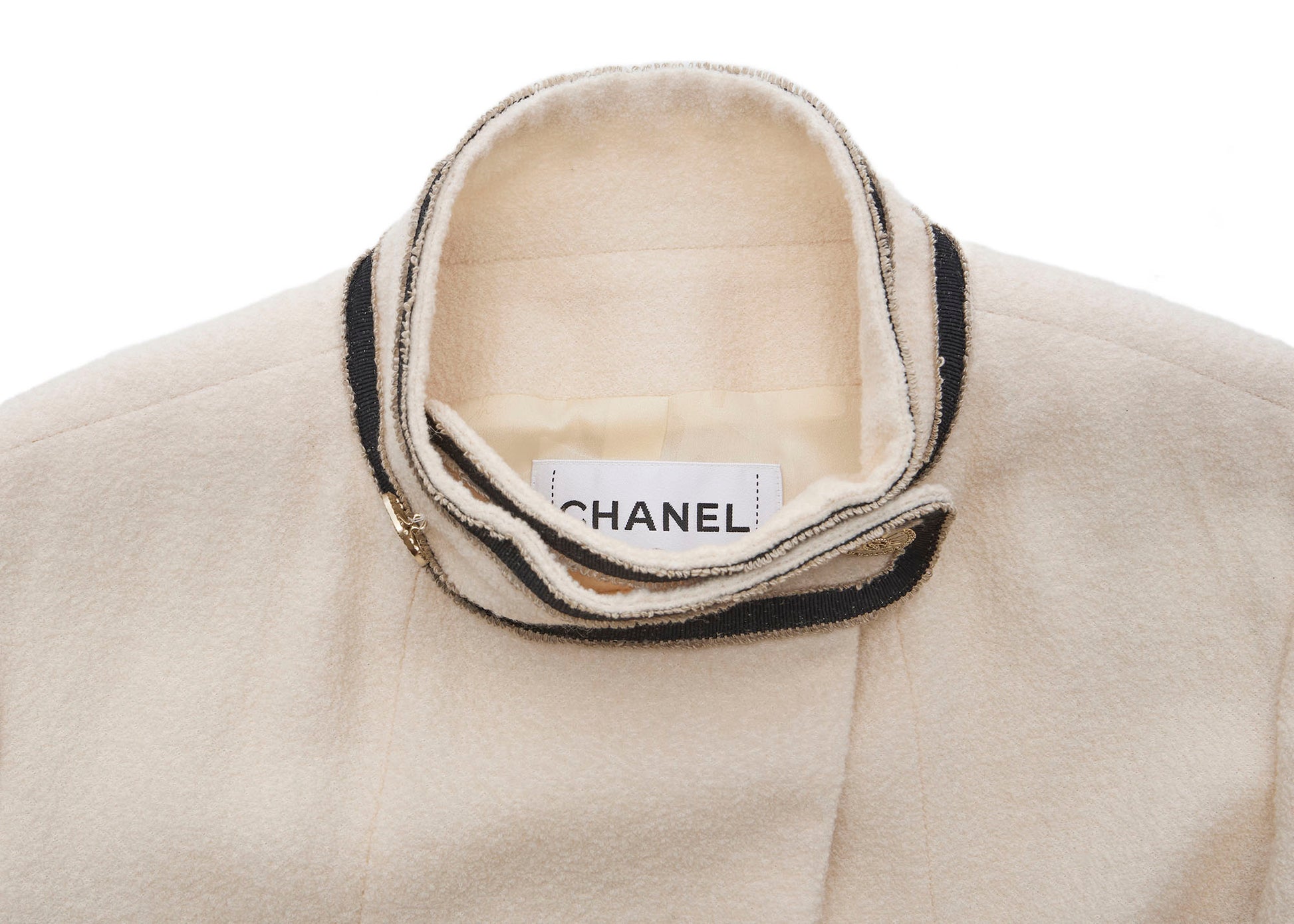 CHANEL Long Coat, Coco Button, Wool Nylon Silk Blend, Ivory, Gold-Tone Hardware, Pre-Owned - Vintage La Charme