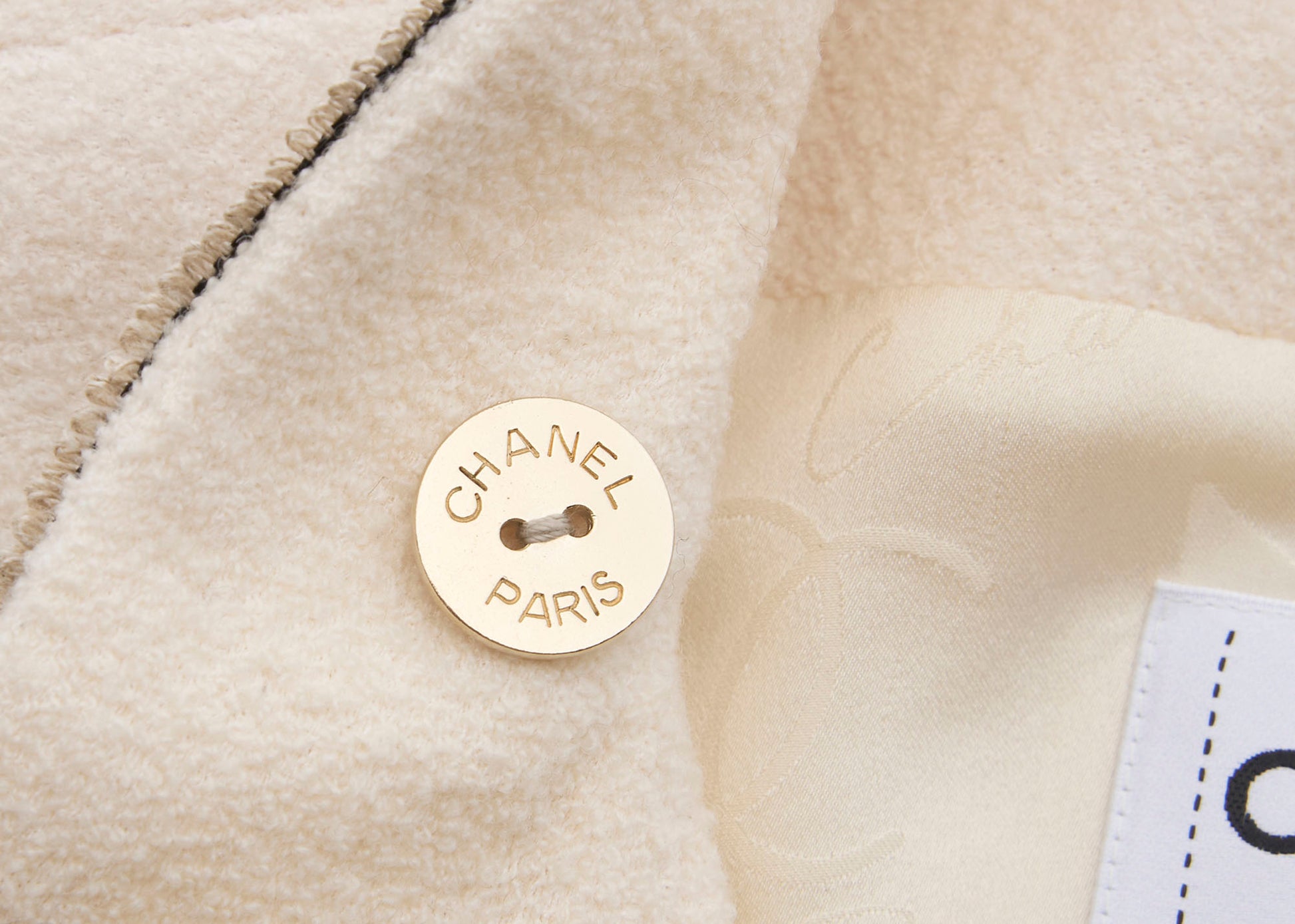 CHANEL Long Coat, Coco Button, Wool Nylon Silk Blend, Ivory, Gold-Tone Hardware, Pre-Owned - Vintage La Charme
