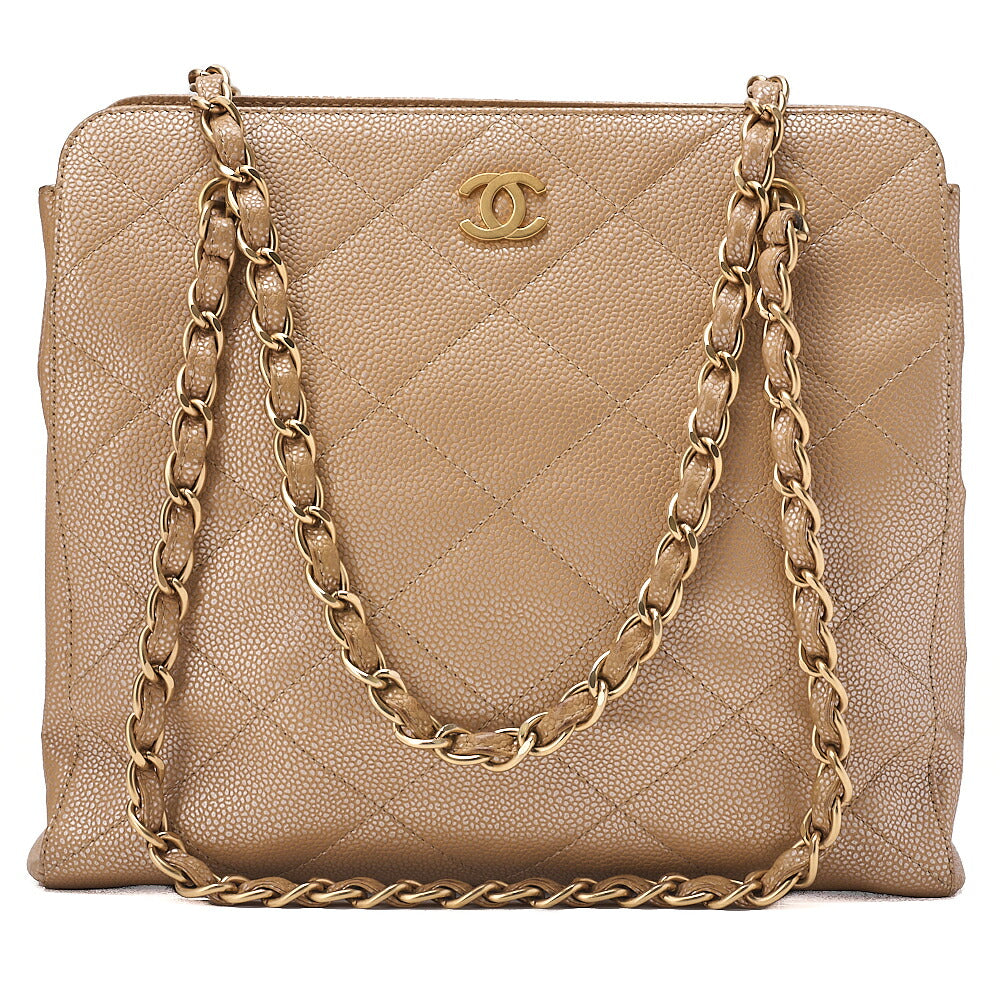 CHANEL Caviar Skin Matelasse Coco Mark Chain Tote Bag Beige Gold-Tone Hardware, Pre-Owned
