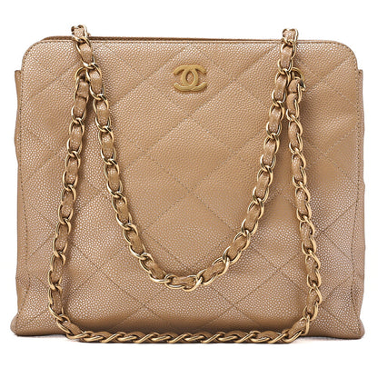 CHANEL Caviar Skin Matelasse Coco Mark Chain Tote Bag Beige Gold-Tone Hardware, Pre-Owned