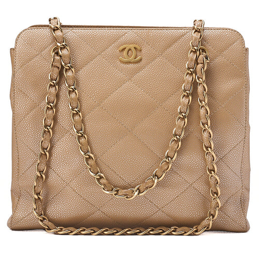 CHANEL Caviar Skin Matelasse Coco Mark Chain Tote Bag Beige Gold-Tone Hardware, Pre-Owned
