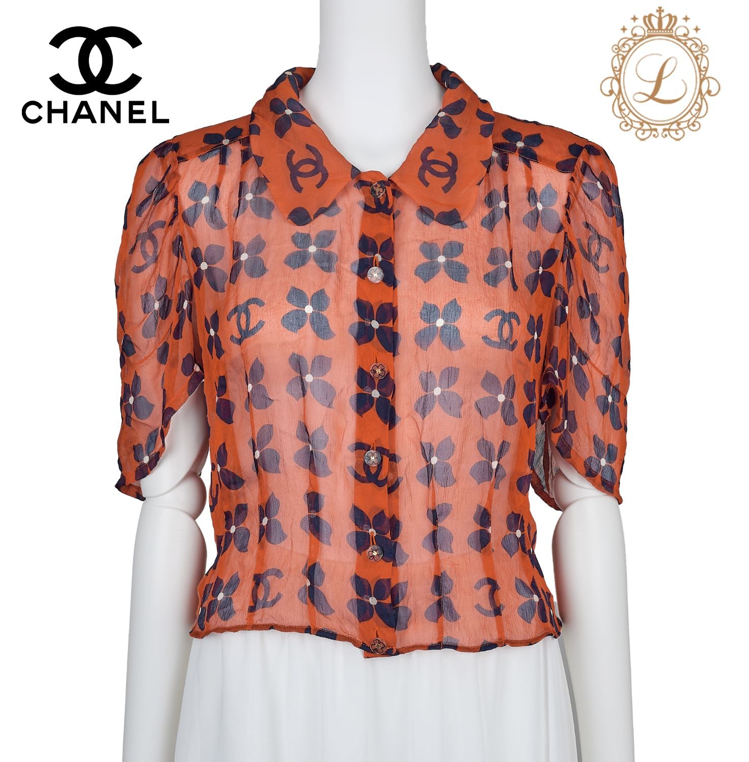 CHANEL Shirt Blouse, Coco Mark Floral, Silk, Orange, Gold-Tone Hardware, Pre-Owned - Vintage La Charme