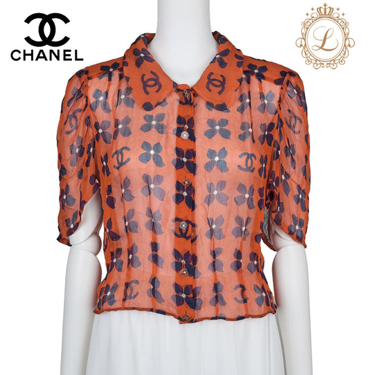 CHANEL Shirt Blouse, Coco Mark Floral, Silk, Orange, Gold-Tone Hardware, Pre-Owned - Vintage La Charme