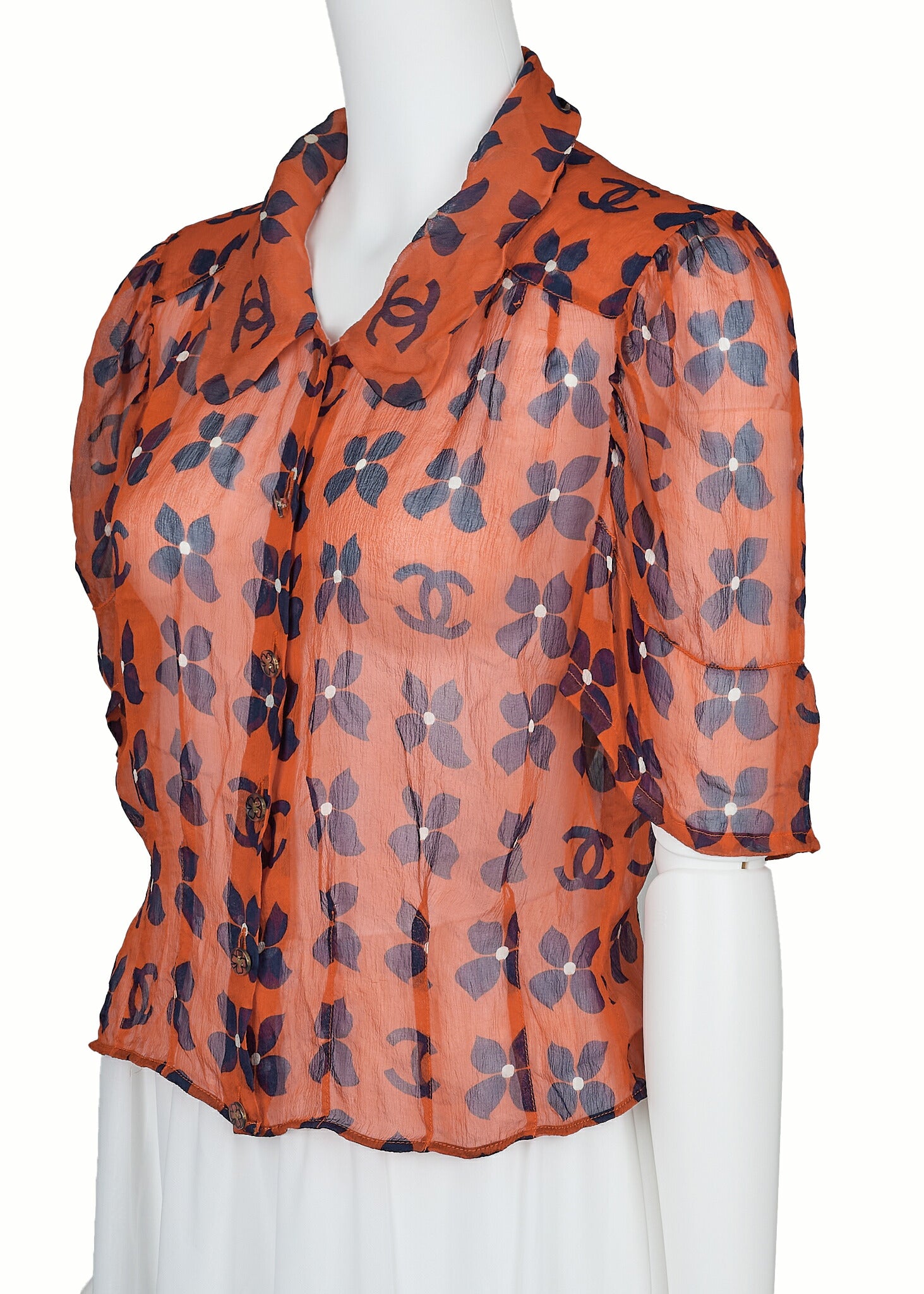 CHANEL Shirt Blouse, Coco Mark Floral, Silk, Orange, Gold-Tone Hardware, Pre-Owned - Vintage La Charme