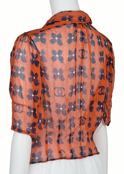 CHANEL Shirt Blouse, Coco Mark Floral, Silk, Orange, Gold-Tone Hardware, Pre-Owned - Vintage La Charme