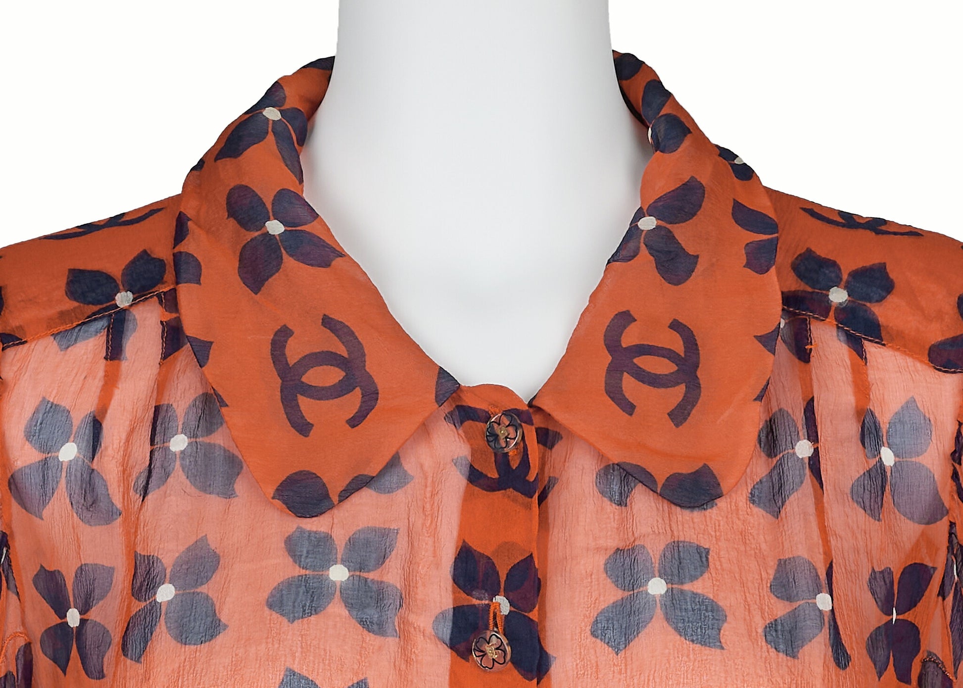 CHANEL Shirt Blouse, Coco Mark Floral, Silk, Orange, Gold-Tone Hardware, Pre-Owned - Vintage La Charme