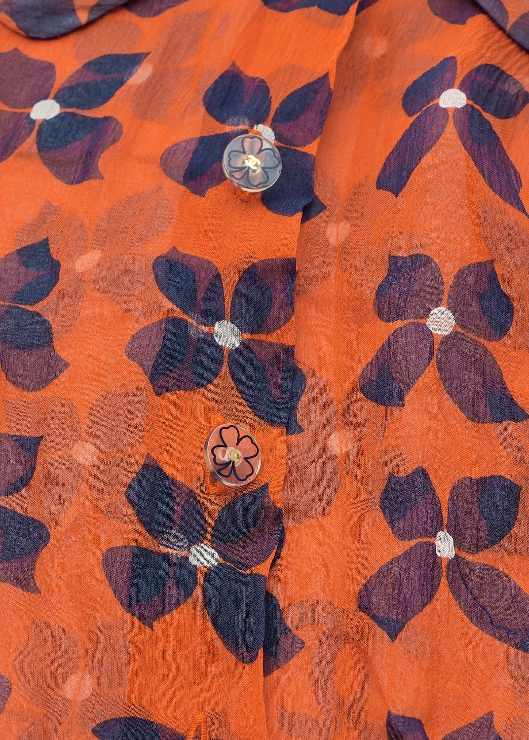 CHANEL Shirt Blouse, Coco Mark Floral, Silk, Orange, Gold-Tone Hardware, Pre-Owned - Vintage La Charme