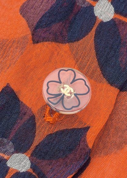 CHANEL Shirt Blouse, Coco Mark Floral, Silk, Orange, Gold-Tone Hardware, Pre-Owned - Vintage La Charme