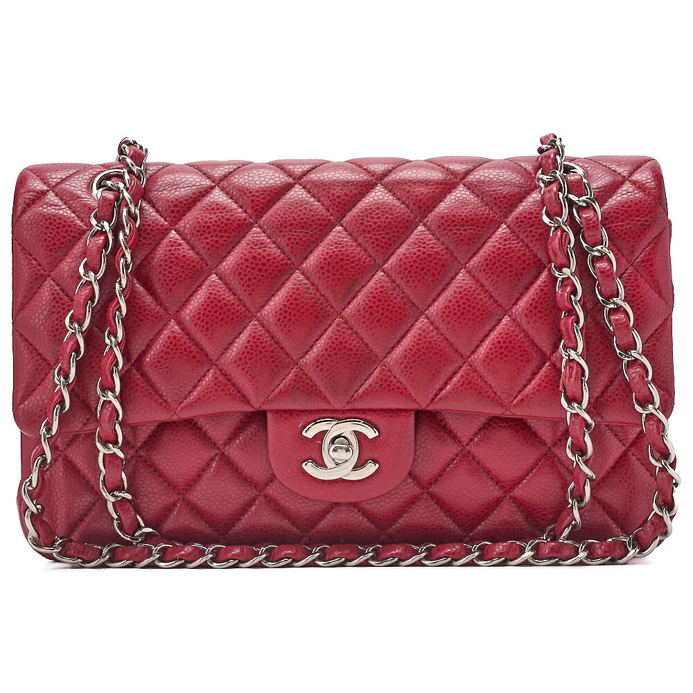 CHANEL Shoulder Bag Matelasse Double Flap 25cm Chain Shoulder Caviar Skin Red Silver-Tone Hardware, Pre-Owned