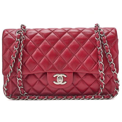 CHANEL Shoulder Bag Matelasse Double Flap 25cm Chain Shoulder Caviar Skin Red Silver-Tone Hardware, Pre-Owned