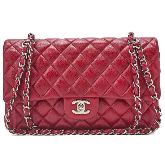 CHANEL Shoulder Bag Matelasse Double Flap 25cm Chain Shoulder Caviar Skin Red Silver-Tone Hardware, Pre-Owned