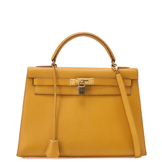 HERMES Kelly 32 Handbag, Kushbel Yellow, Gold-Tone Hardware, Pre-Owned