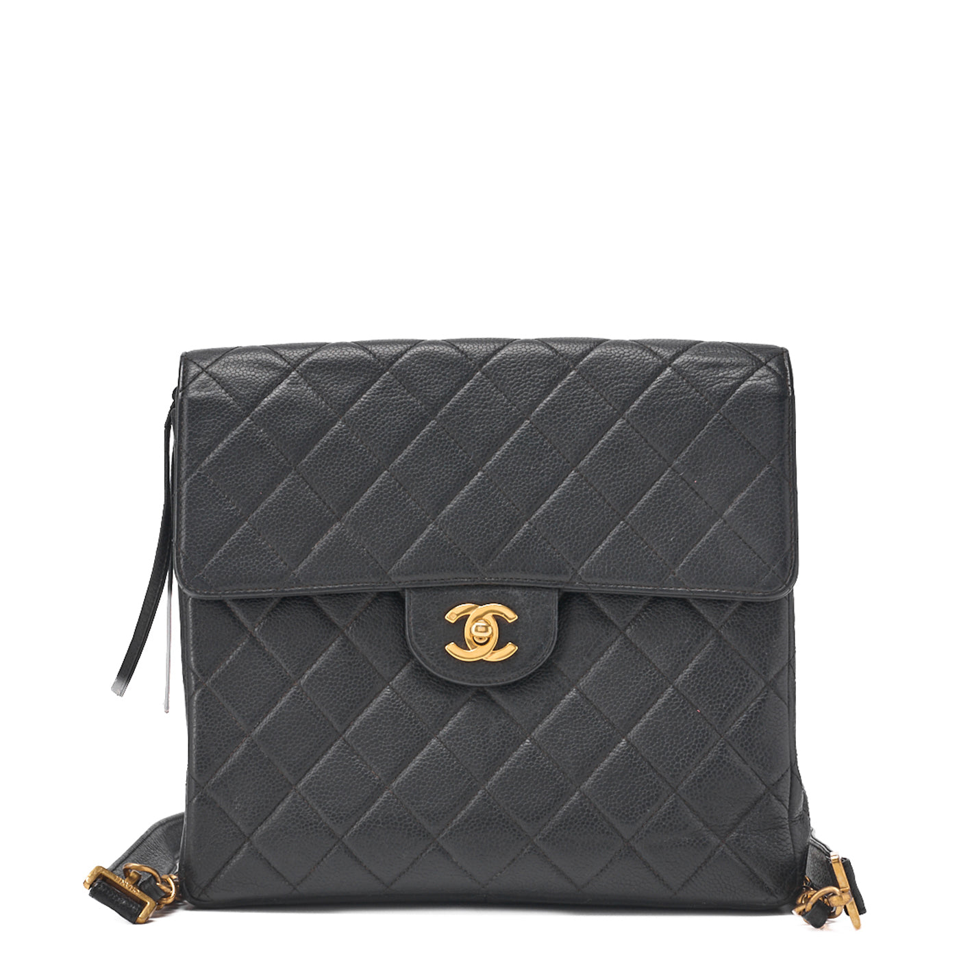 CHANEL Chain Backpack Bag, Matelasse, Turn Lock, Caviar Skin, Black, Gold-Tone Hardware, Pre-Owned