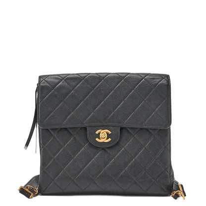 CHANEL Chain Backpack Bag, Matelasse, Turn Lock, Caviar Skin, Black, Gold-Tone Hardware, Pre-Owned