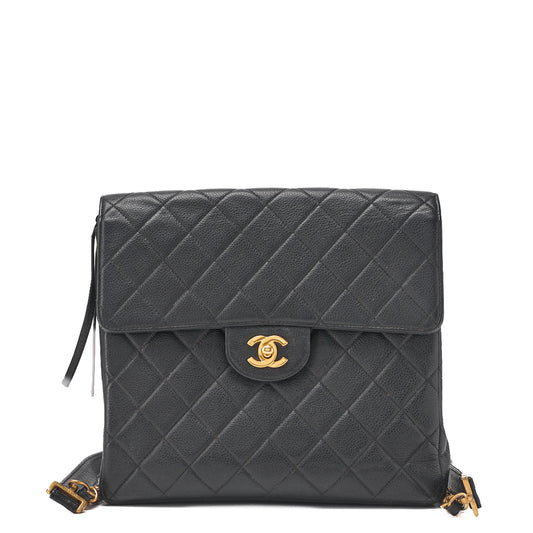 CHANEL Chain Backpack Bag, Matelasse, Turn Lock, Caviar Skin, Black, Gold-Tone Hardware, Pre-Owned