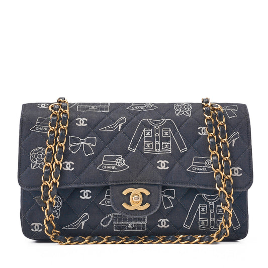 CHANEL Shoulder Bag, Matelasse W Flap 25 Icon Print, Canvas, Black, Gold-Tone Hardware, Pre-Owned