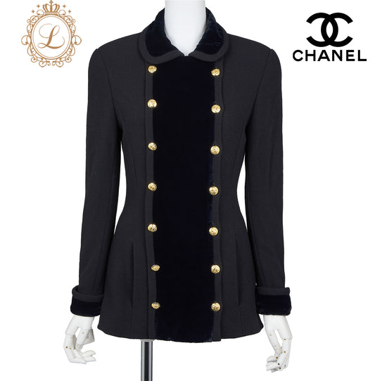 CHANEL Outerwear Coat, Coco Button, Tweed Velvet, Black, Gold-Tone Hardware, Pre-Owned - Vintage La Charme